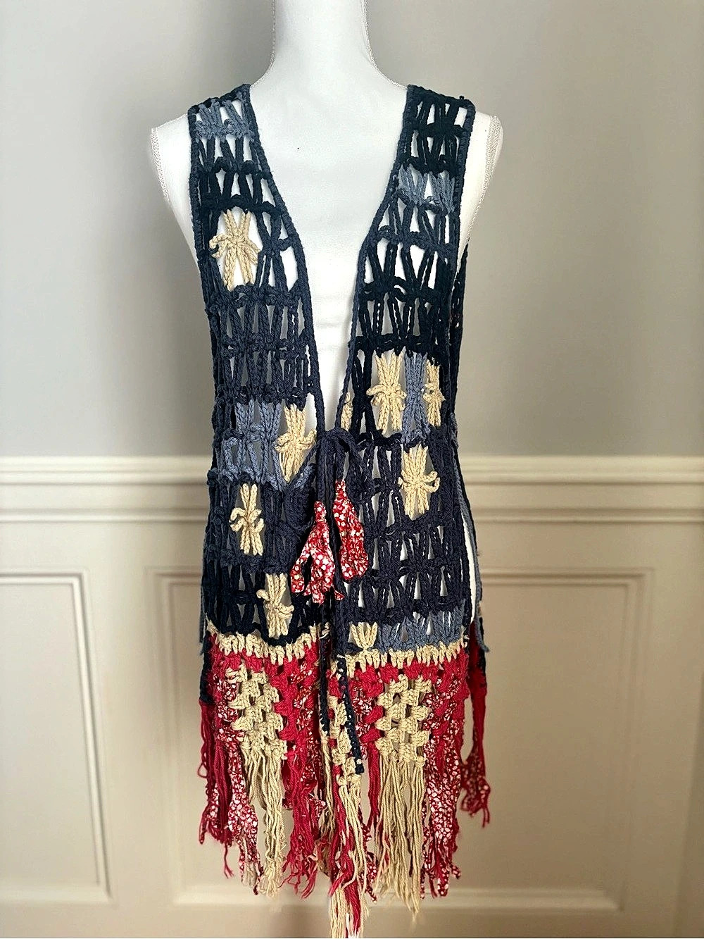 Free People Americana Crochet Fringe Vest